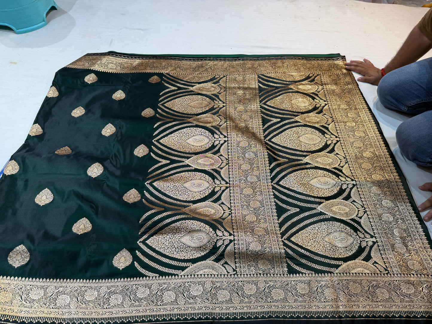 bottle green mashru silk saree with banarasi zari paisley motifs and ornate floral border