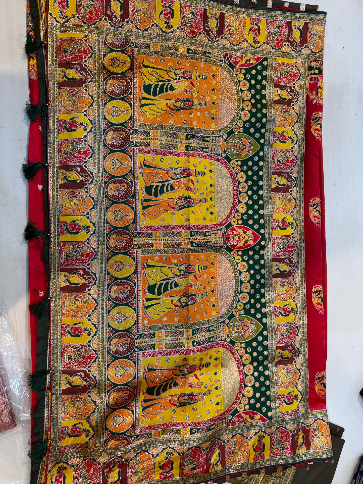 heritage tassar silk saree with handwoven mythological motifs and temple arch borders