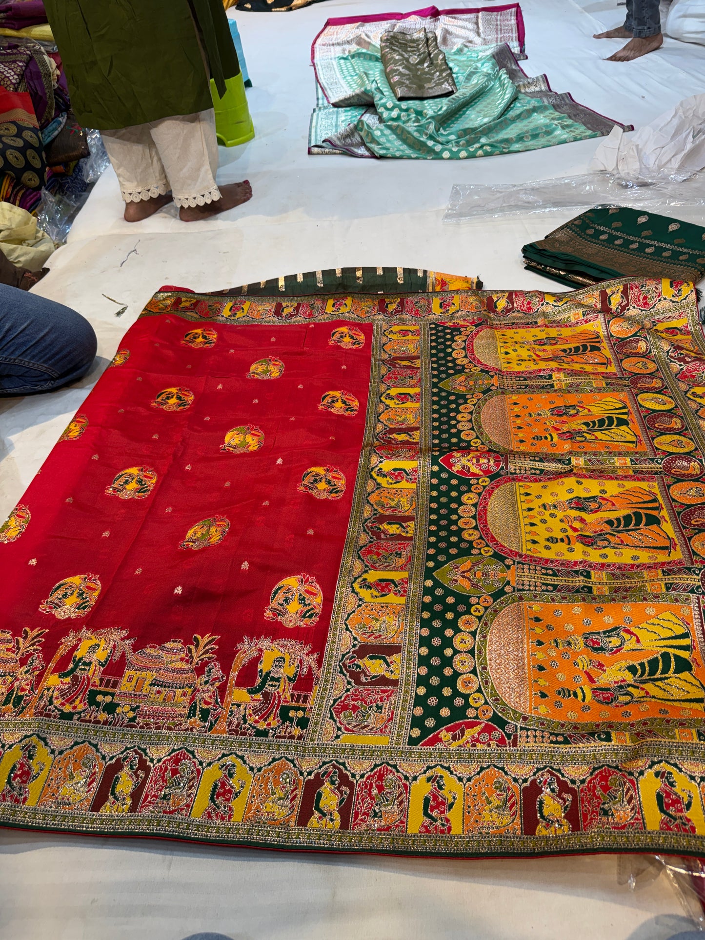 heritage tassar silk saree with handwoven mythological motifs and temple arch borders