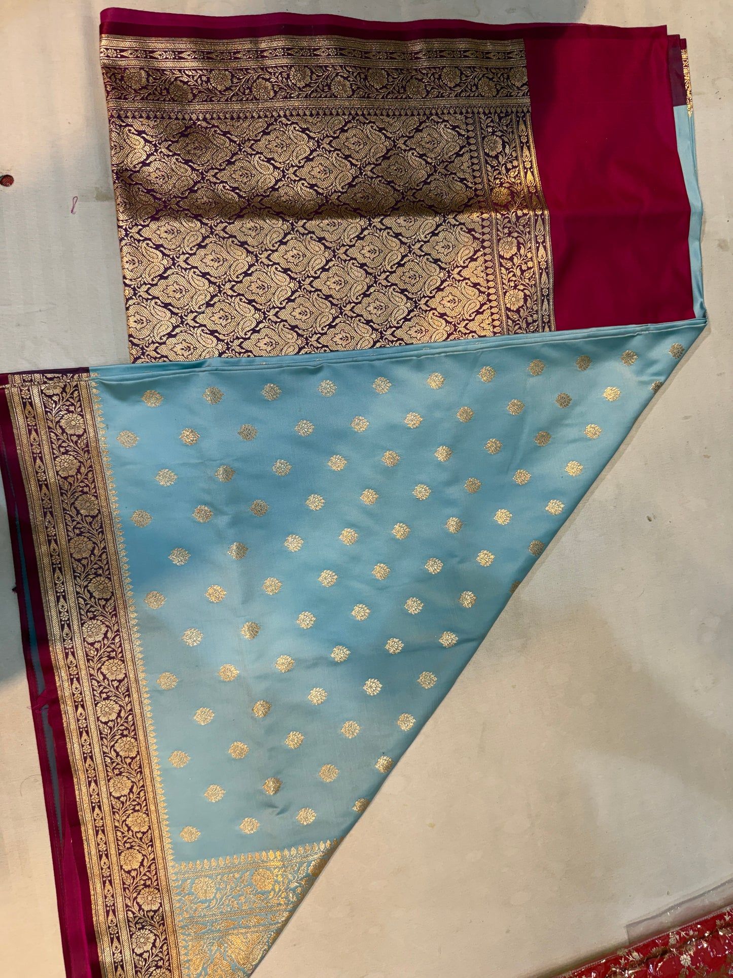 sky blue & wine katan silk saree with zari polka motifs and ornate border