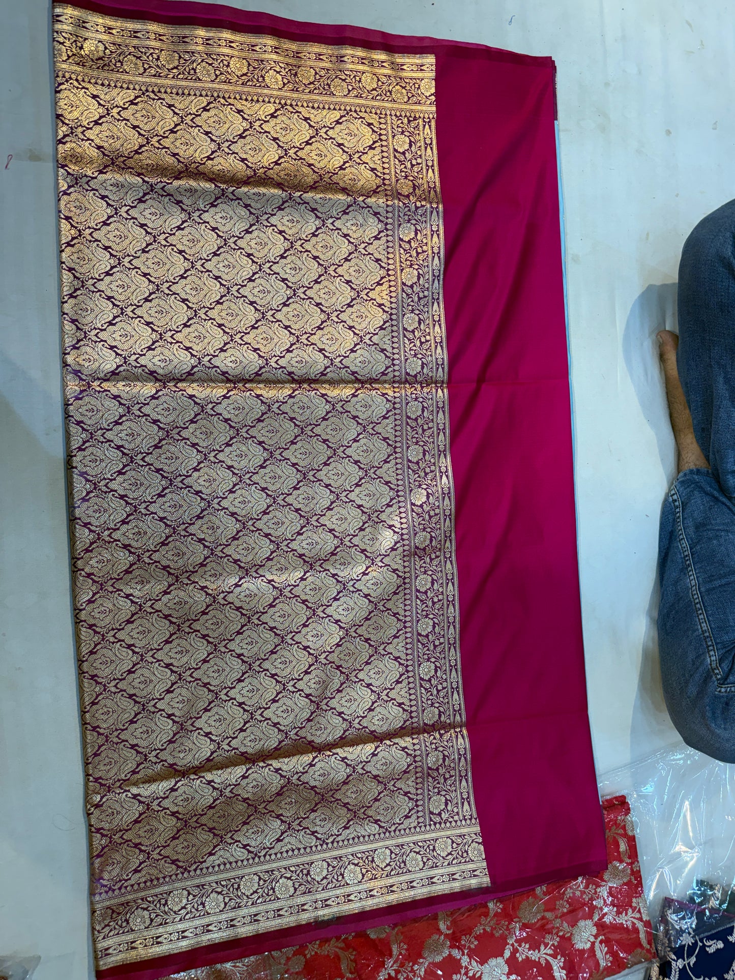 sky blue & wine katan silk saree with zari polka motifs and ornate border