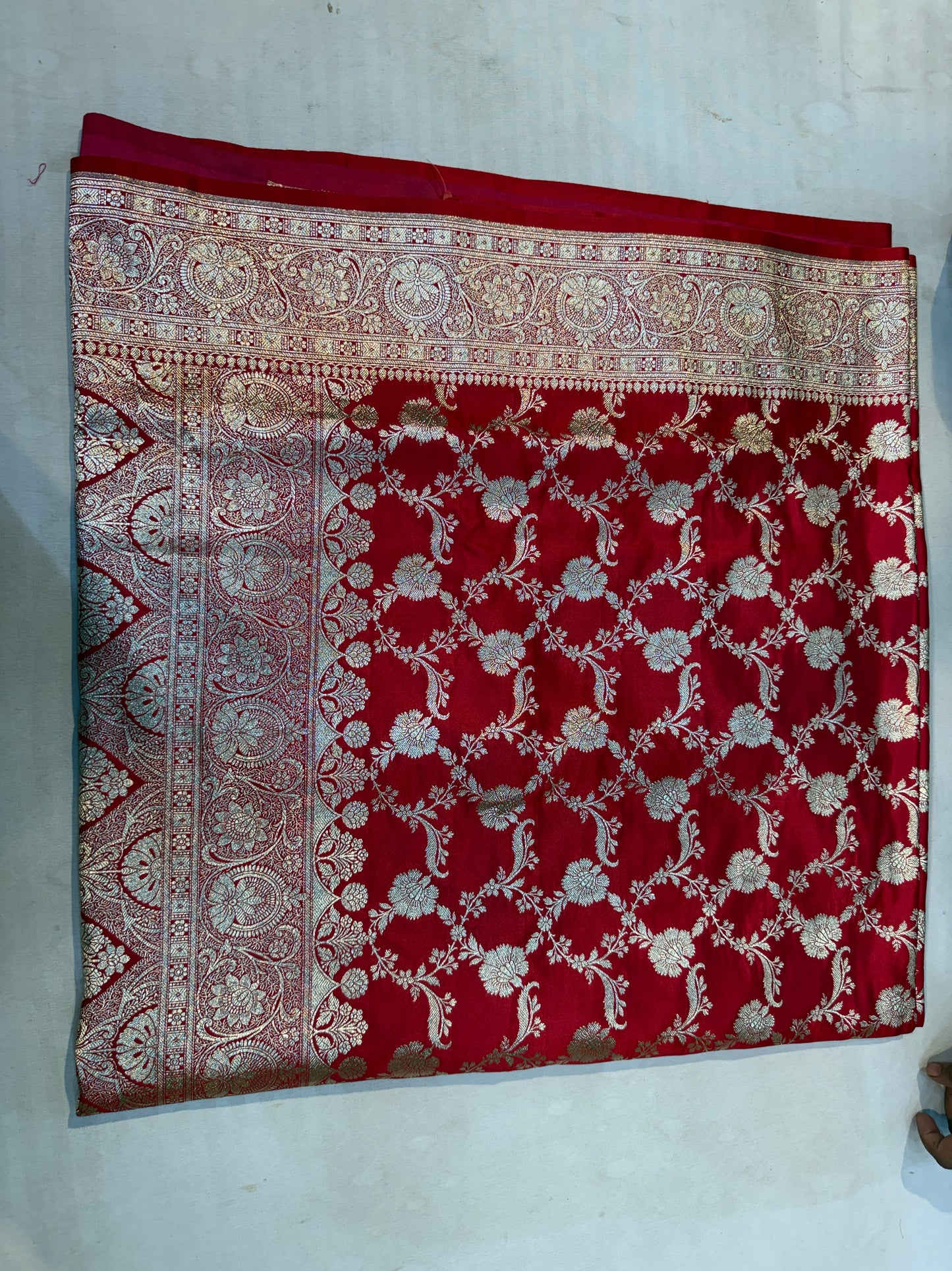 crimson red mashru silk saree with banarasi floral zari work & ornate border
