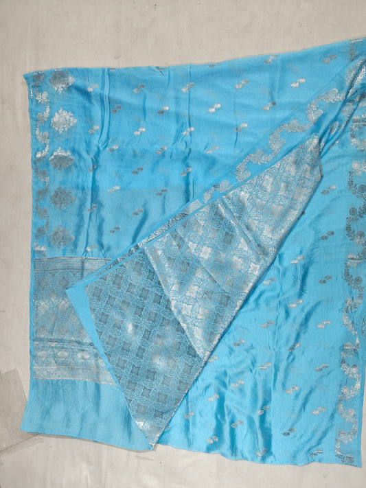 Mesmerizing Sky Blue Banarasi Roop Mango Silk Saree with Elegant Silver Zari | Roop Lakshmi Sarees
