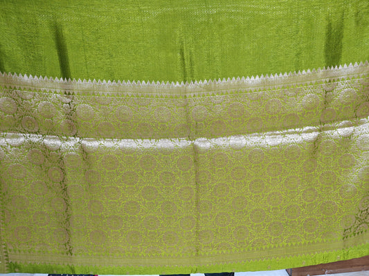 Parrot Green Banarasi Roop Mango Silk Saree with Silver Zari Floral Motifs
