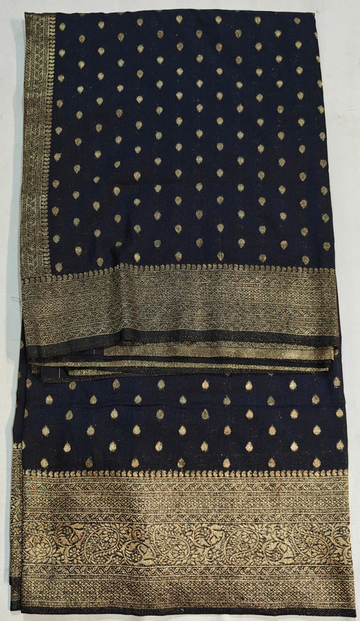 black banarasi georgette saree with gold zari polka motifs & ornate borders