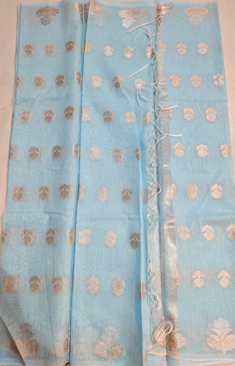 sky blue linen cotton saree with silver zari motifs