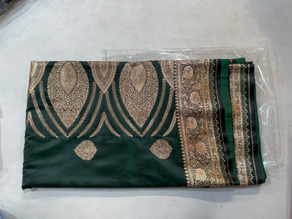 Bottle Green Mashru Silk Saree with Banarasi Zari Paisley Motifs and Ornate Floral Border
