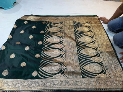 Bottle Green Mashru Silk Saree with Banarasi Zari Paisley Motifs and Ornate Floral Border