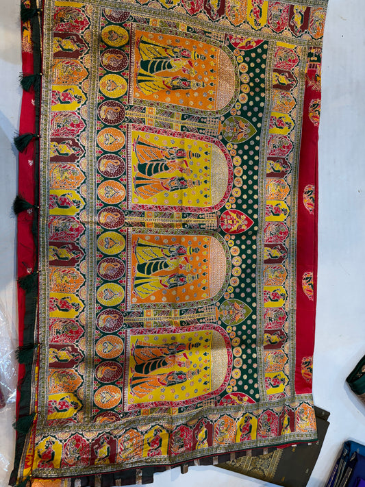 Heritage Tassar Silk Saree with Handwoven Mythological Motifs and Temple Arch Borders