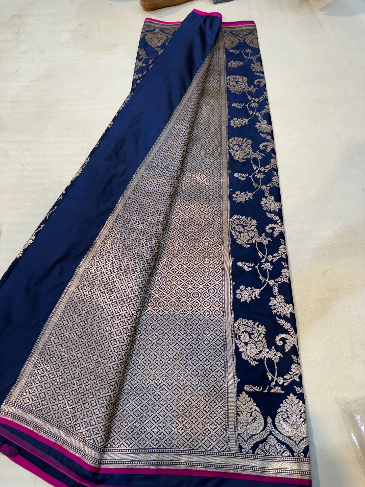 royal blue katan silk saree with antique zari floral weaving
