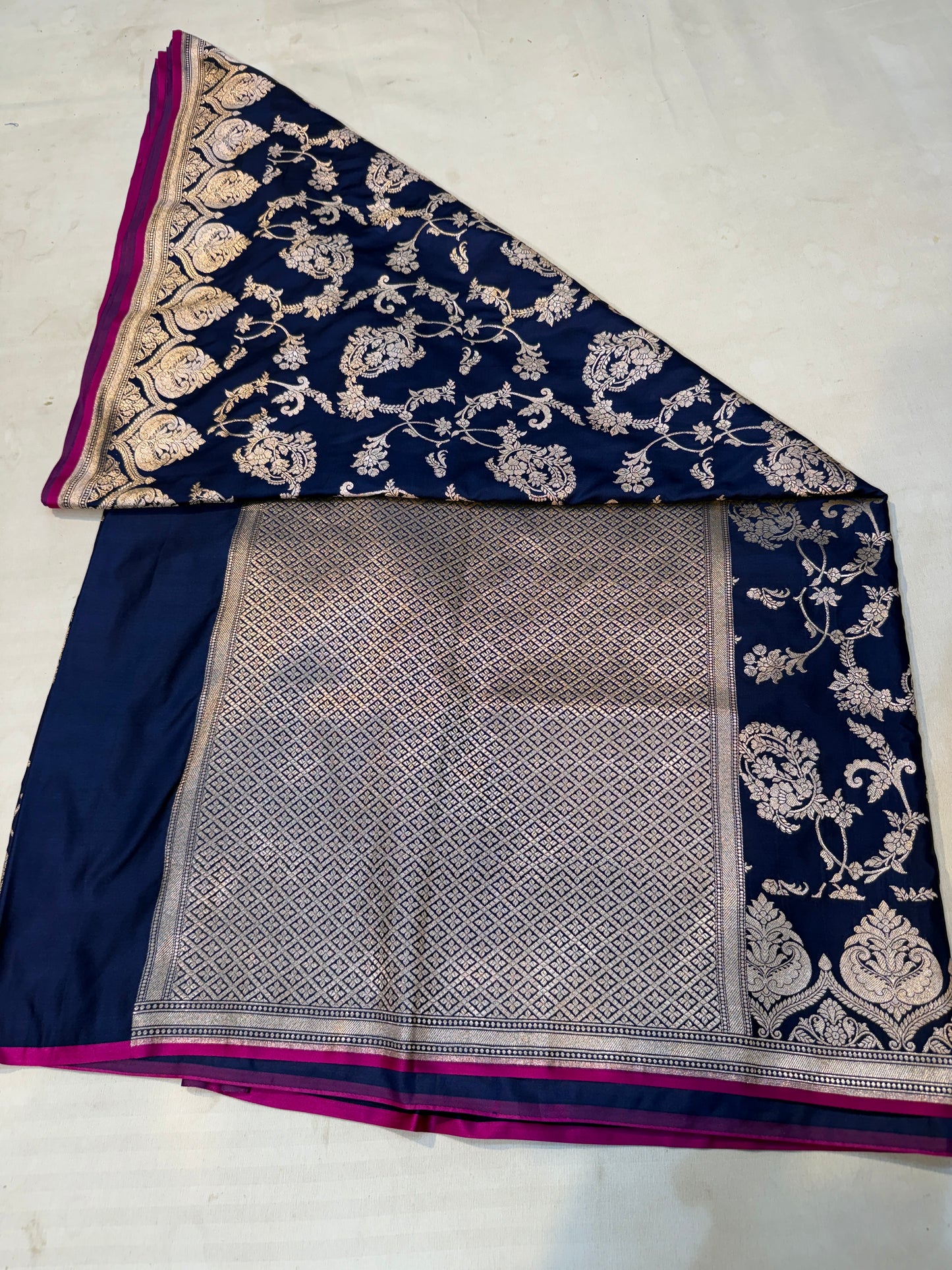 royal blue katan silk saree with antique zari floral weaving