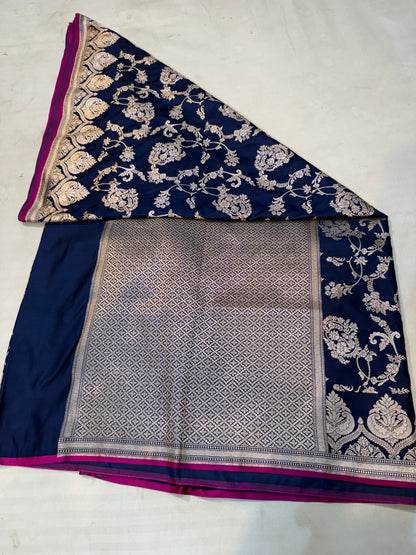 Royal Blue Katan Silk Saree with Antique Zari Floral Weaving