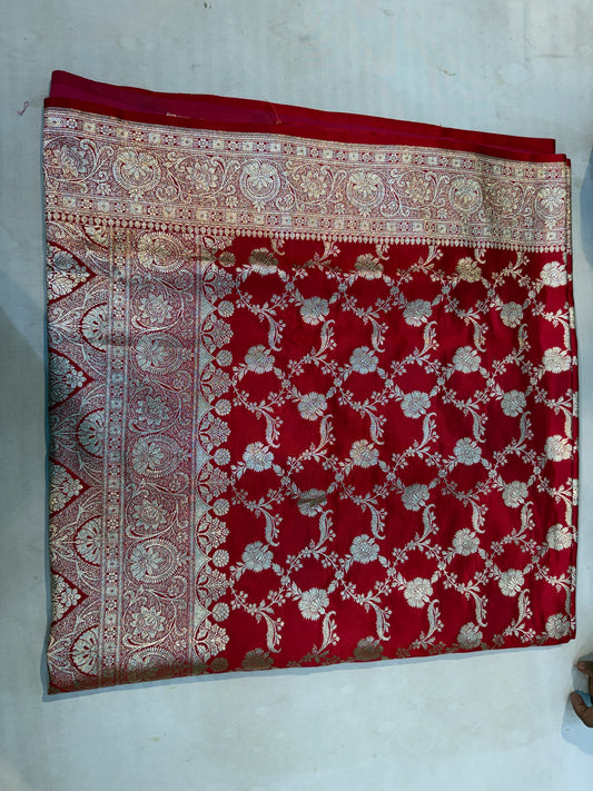 Crimson Red Mashru Silk Saree with Banarasi Floral Zari Work & Ornate Border