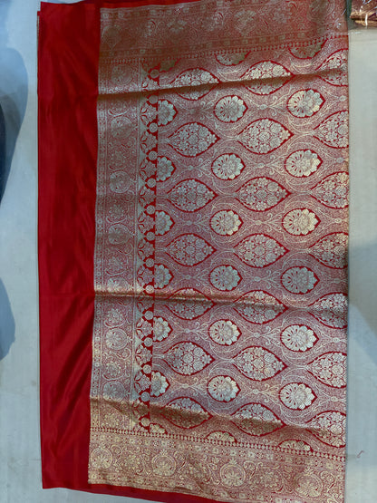 Crimson Red Mashru Silk Saree with Banarasi Floral Zari Work & Ornate Border