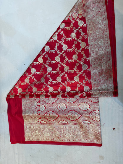 Crimson Red Mashru Silk Saree with Banarasi Floral Zari Work & Ornate Border