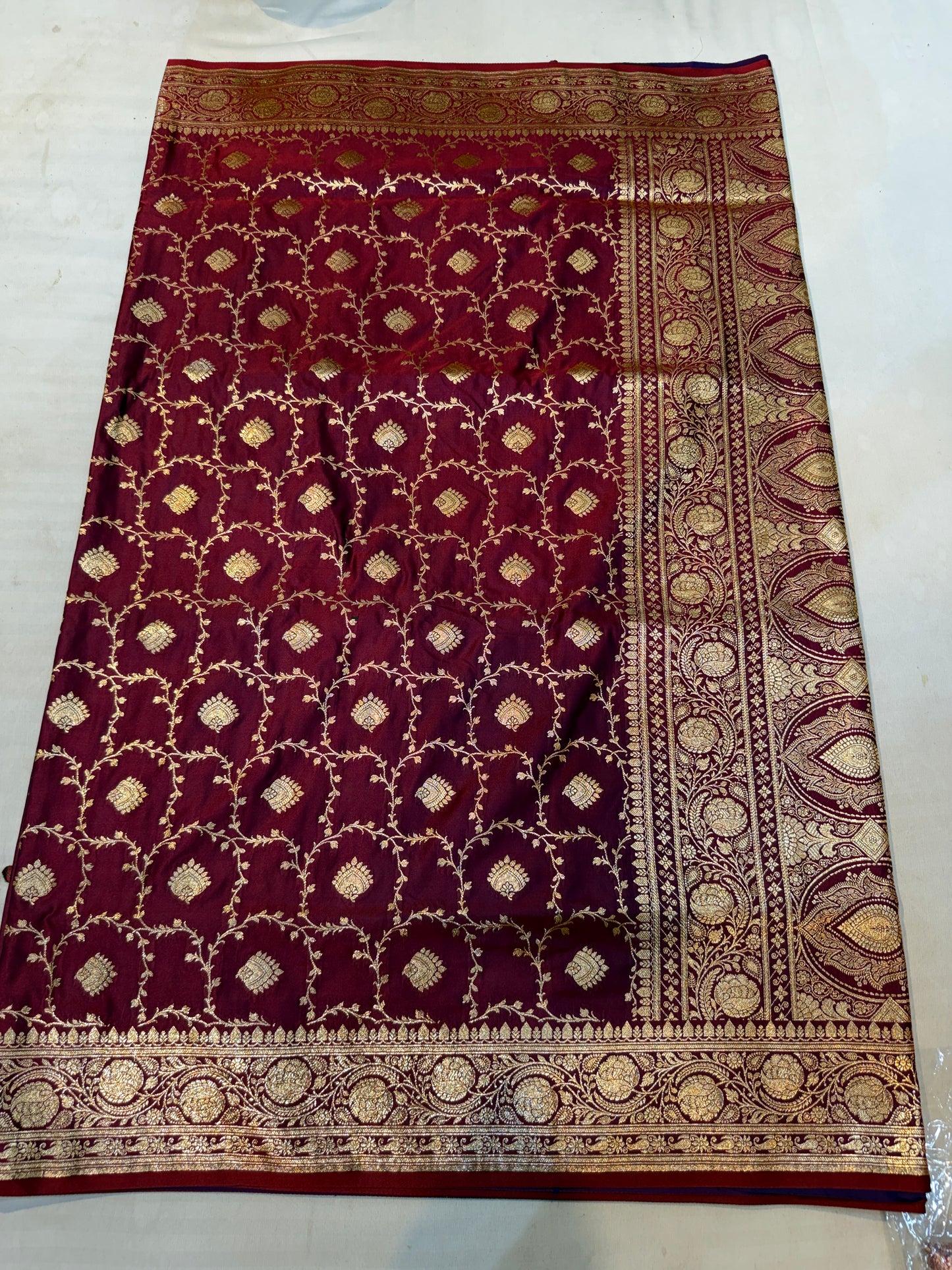 purple mashru silk saree with banarasi zari booti and ornate floral border