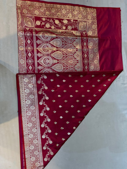 Regal Red Katan Silk Saree with Majestic Gold Zari Paisley Border