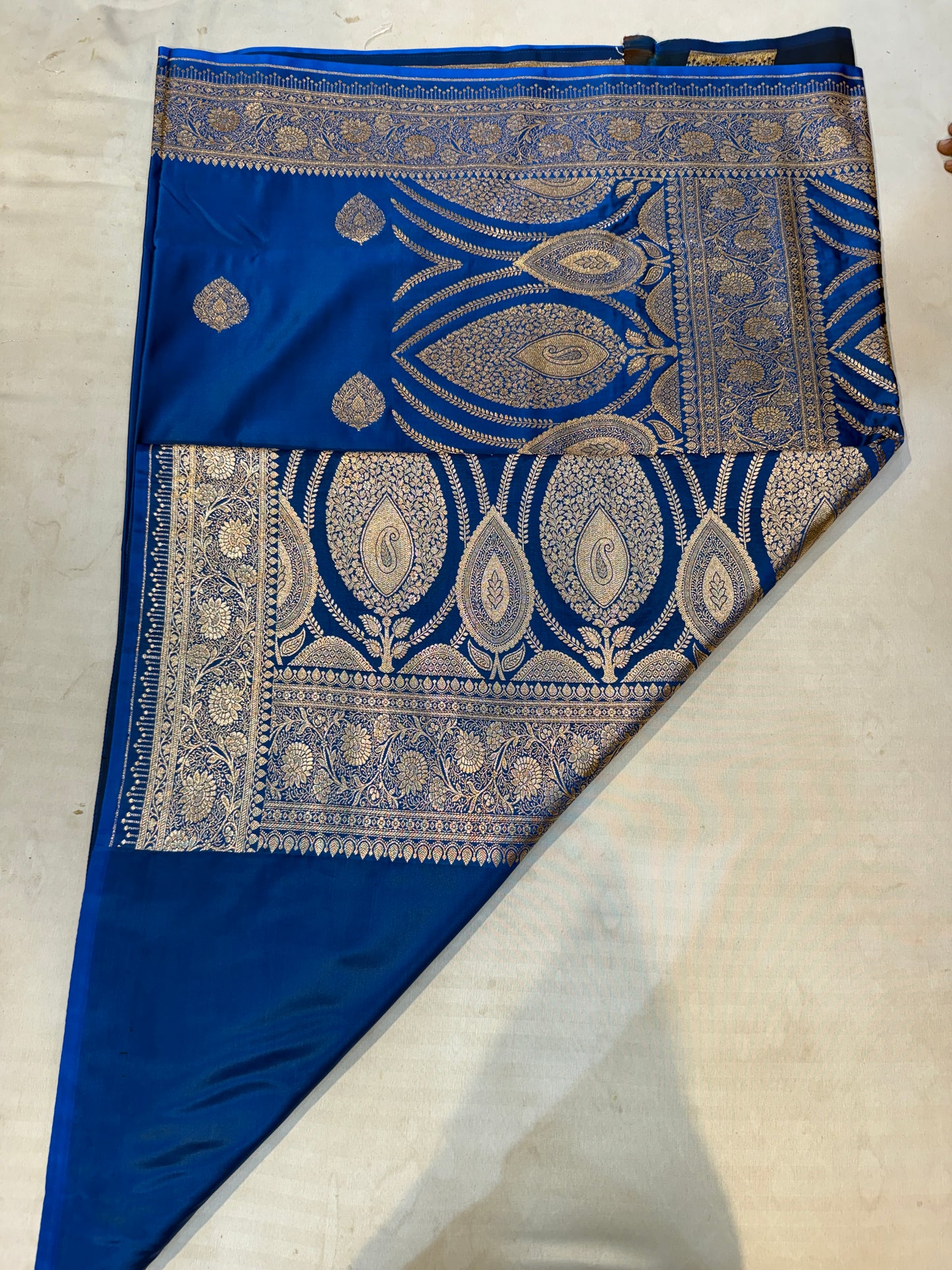 royal blue mashru silk saree with banarasi zari paisley motifs and ornate border
