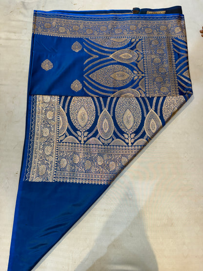 Royal Blue Mashru Silk Saree with Banarasi Zari Paisley Motifs and Ornate Border