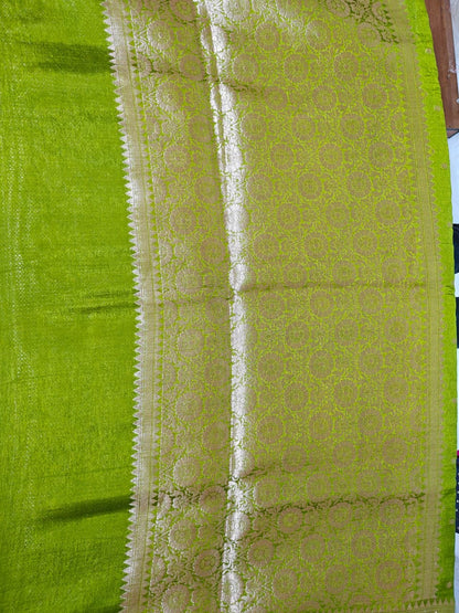 Parrot Green Banarasi Roop Mango Silk Saree with Silver Zari Floral Motifs