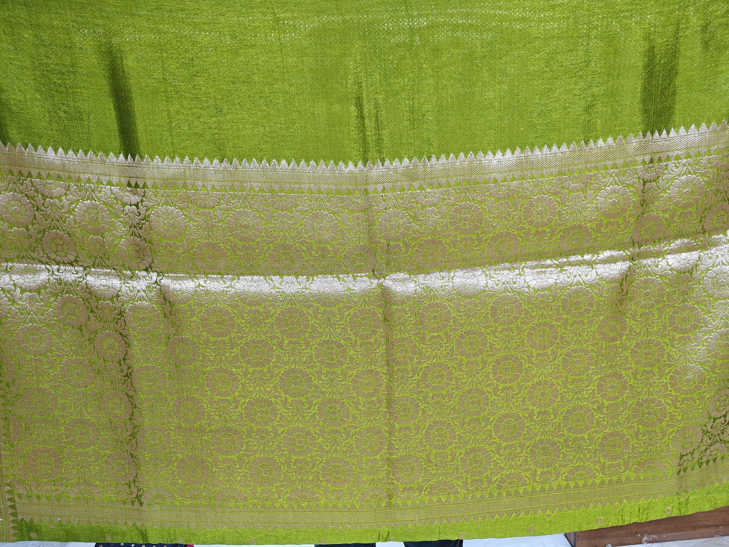 parrot green banarasi roop mango silk saree with silver zari floral motifs