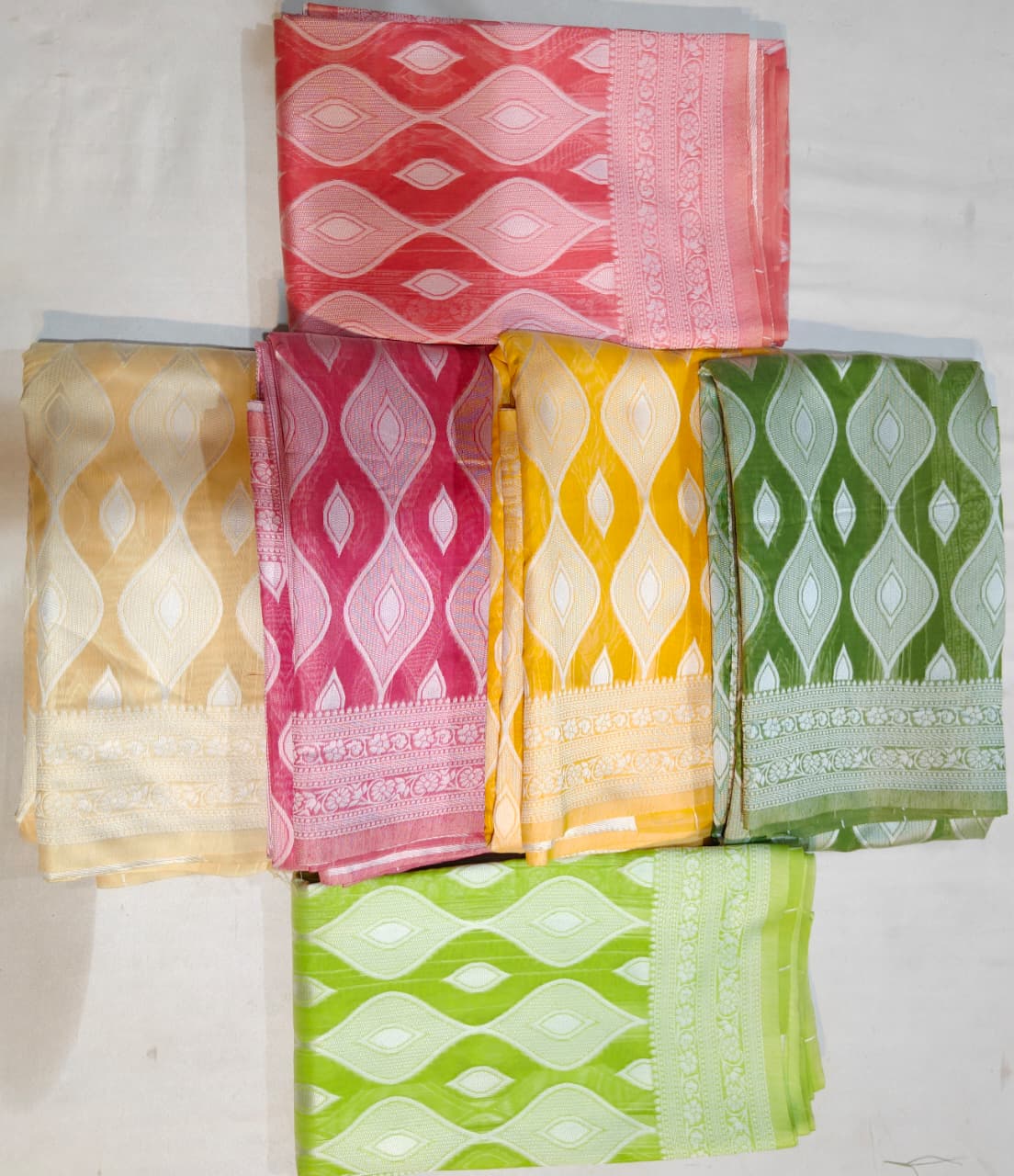 vibrant collection: pure cotton sarees with geometric motifs – red, pink, yellow, cream, green