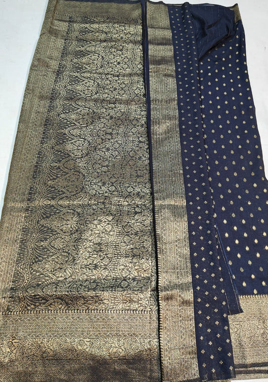 Black Banarasi Georgette Saree with Gold Zari Polka Motifs & Ornate Borders