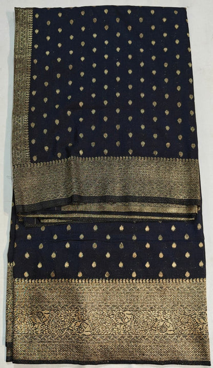 Black Banarasi Georgette Saree with Gold Zari Polka Motifs & Ornate Borders