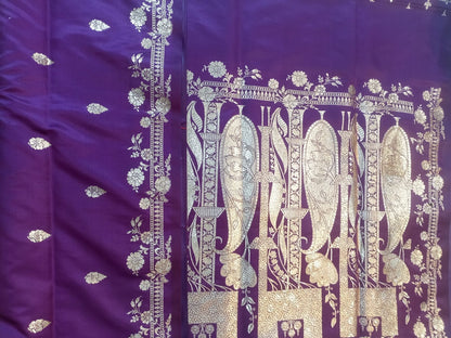 💜 Regal Purple Banarasi Katan Silk Saree – Pure Golden Zari Weave