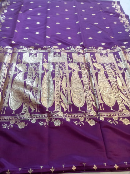 💜 Regal Purple Banarasi Katan Silk Saree – Pure Golden Zari Weave