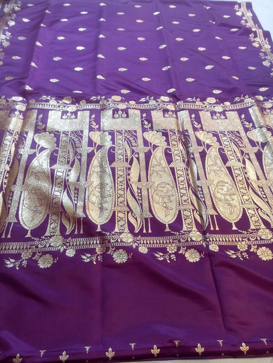 💜 Regal Purple Banarasi Katan Silk Saree – Pure Golden Zari Weave