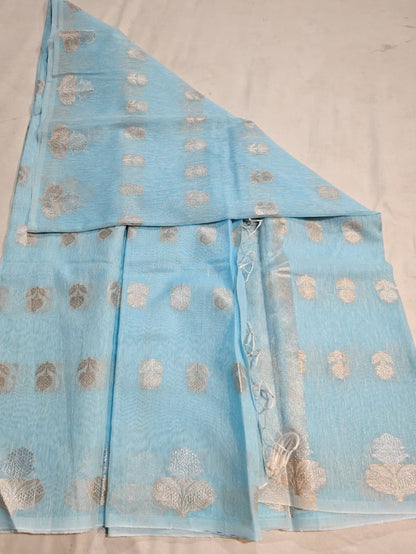 Sky Blue Linen Cotton Saree with Silver Zari Motifs