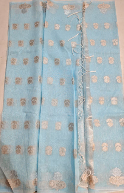 Sky Blue Linen Cotton Saree with Silver Zari Motifs