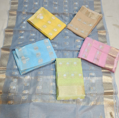Sky Blue Linen Cotton Saree with Silver Zari Motifs