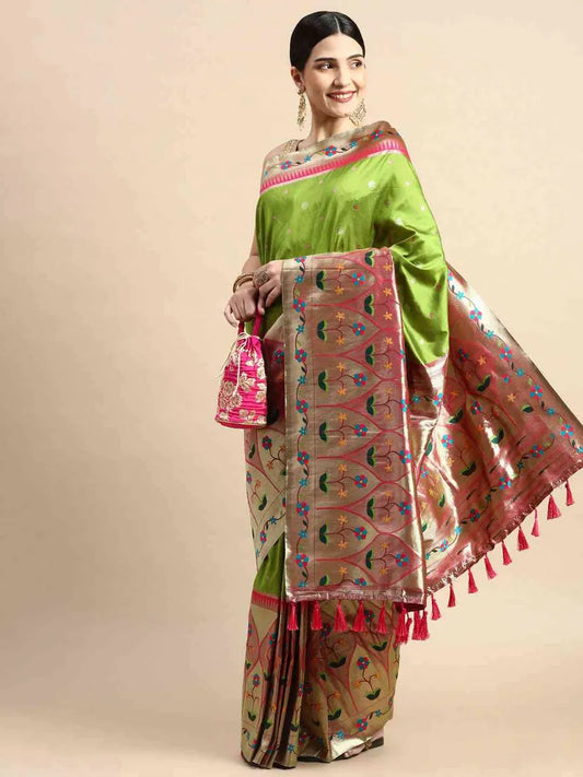 Exquisite Traditional Paithani Saree﻿ in Vibrant Green and Pink with Intricate Multicolor Zari Motifs